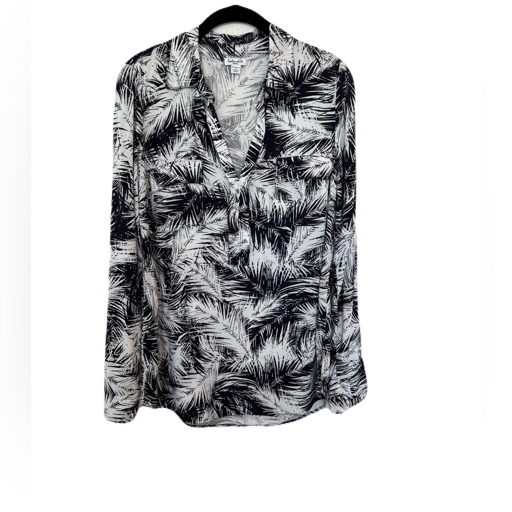 🌿 GUC SPLENDID Navy & White Leaf Print Blouse | Women’s Size Small